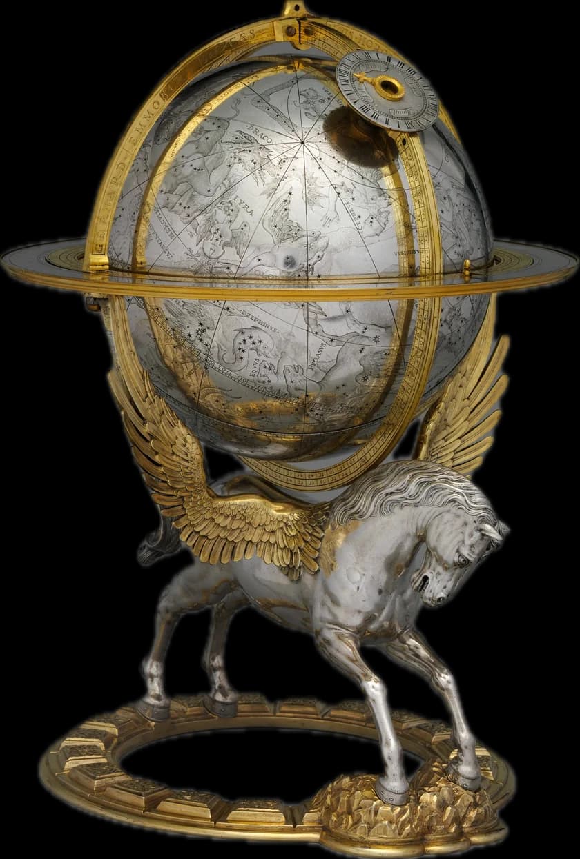 A silver celestial globe with clockwork, carried by a winged horse